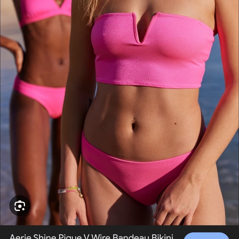 Aerie Shine Pique VWire Bandeau Top Banded High Cut Cheeky Bottom In Bright Pink